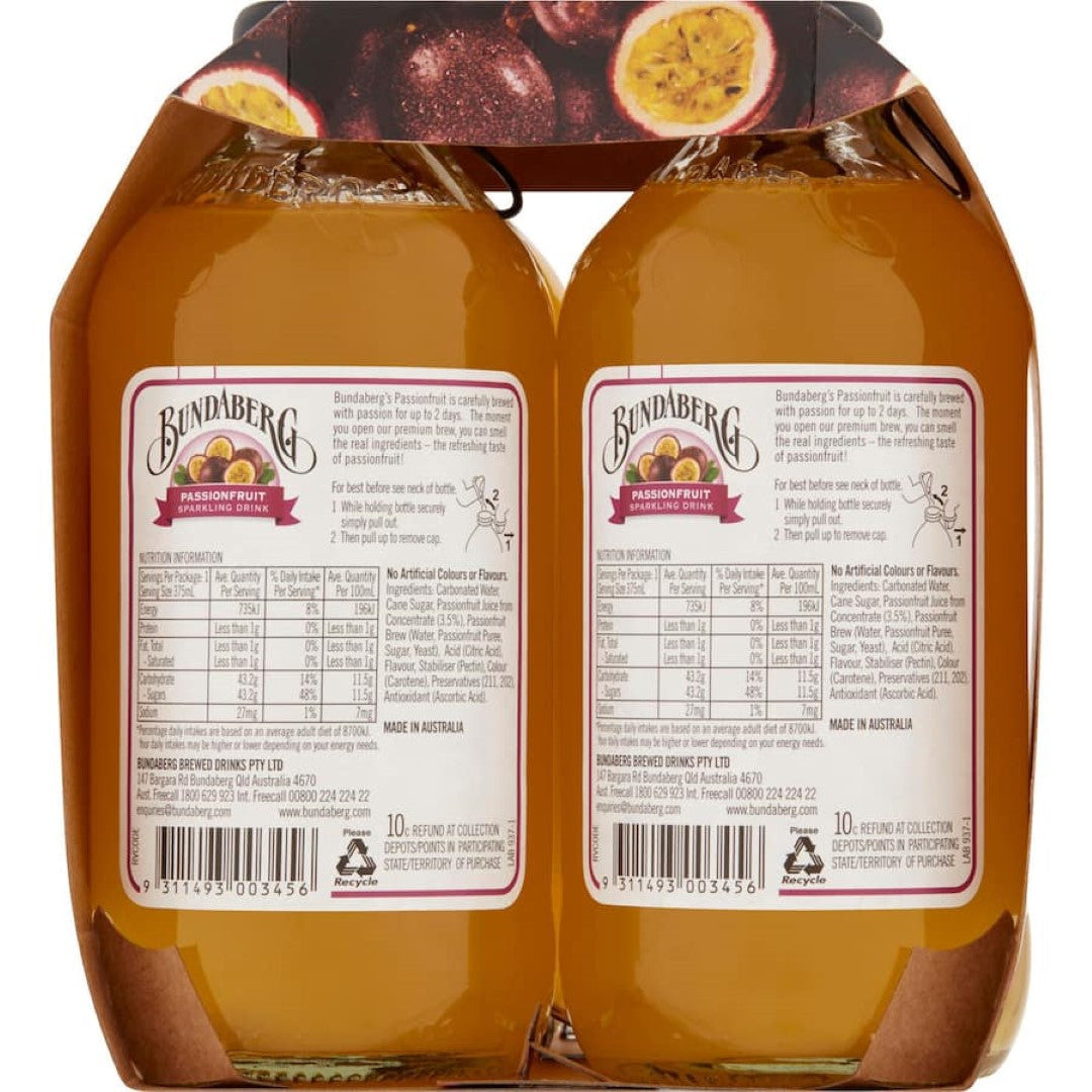 Bundaberg Soft Drink Sparkling Passionfruit 375ml bottles 4pack