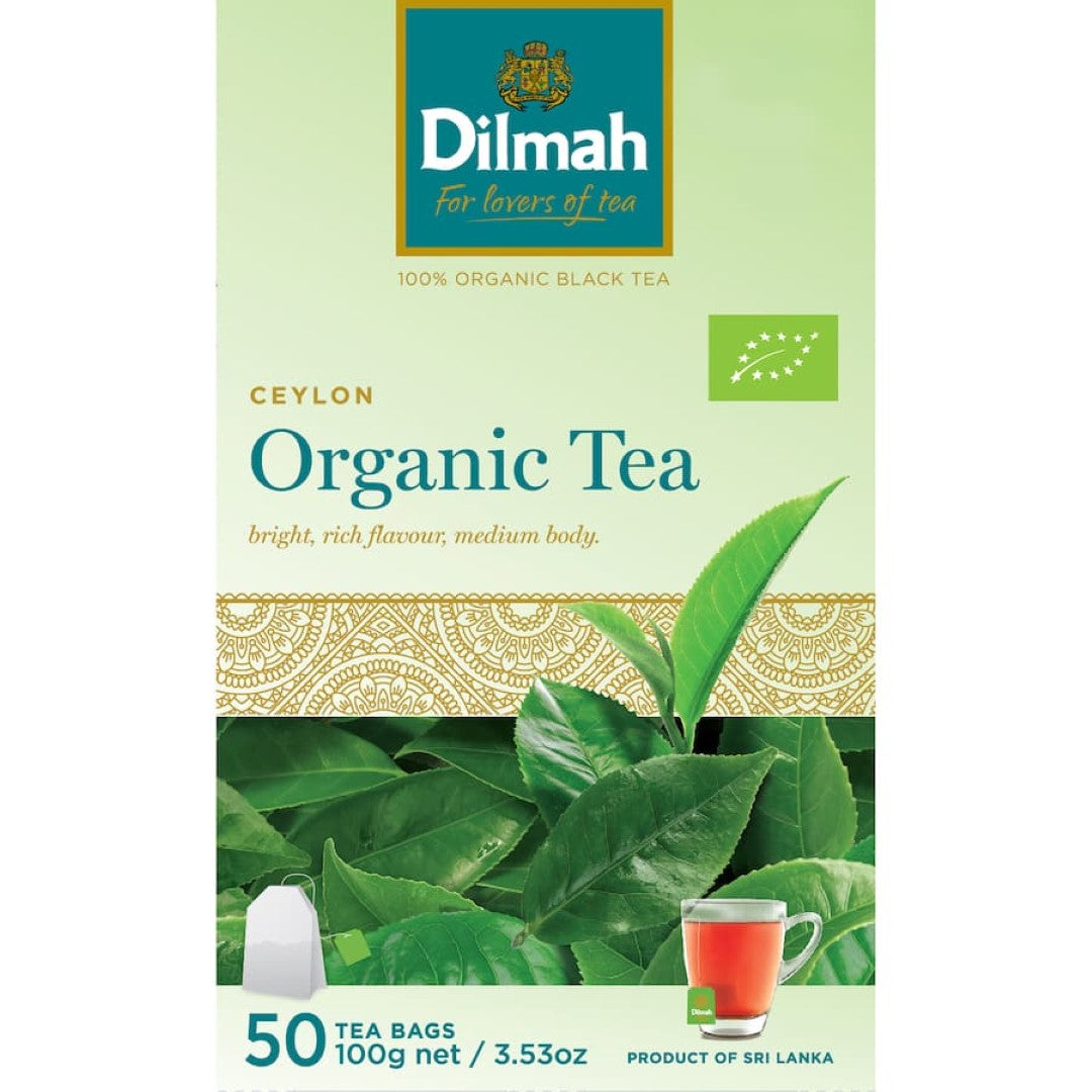 Dilmah Organic Black Tea featuring 50 premium string & tag bags, made from sustainable, pesticide-free black tea leaves.