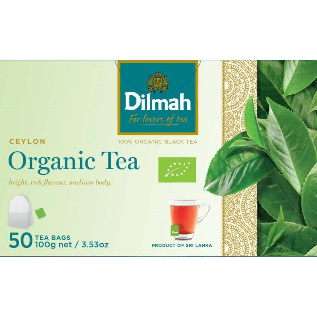 Dilmah Organic Black Tea: 50 premium string & tag bags of smooth, high-quality tea, sustainably grown without pesticides.