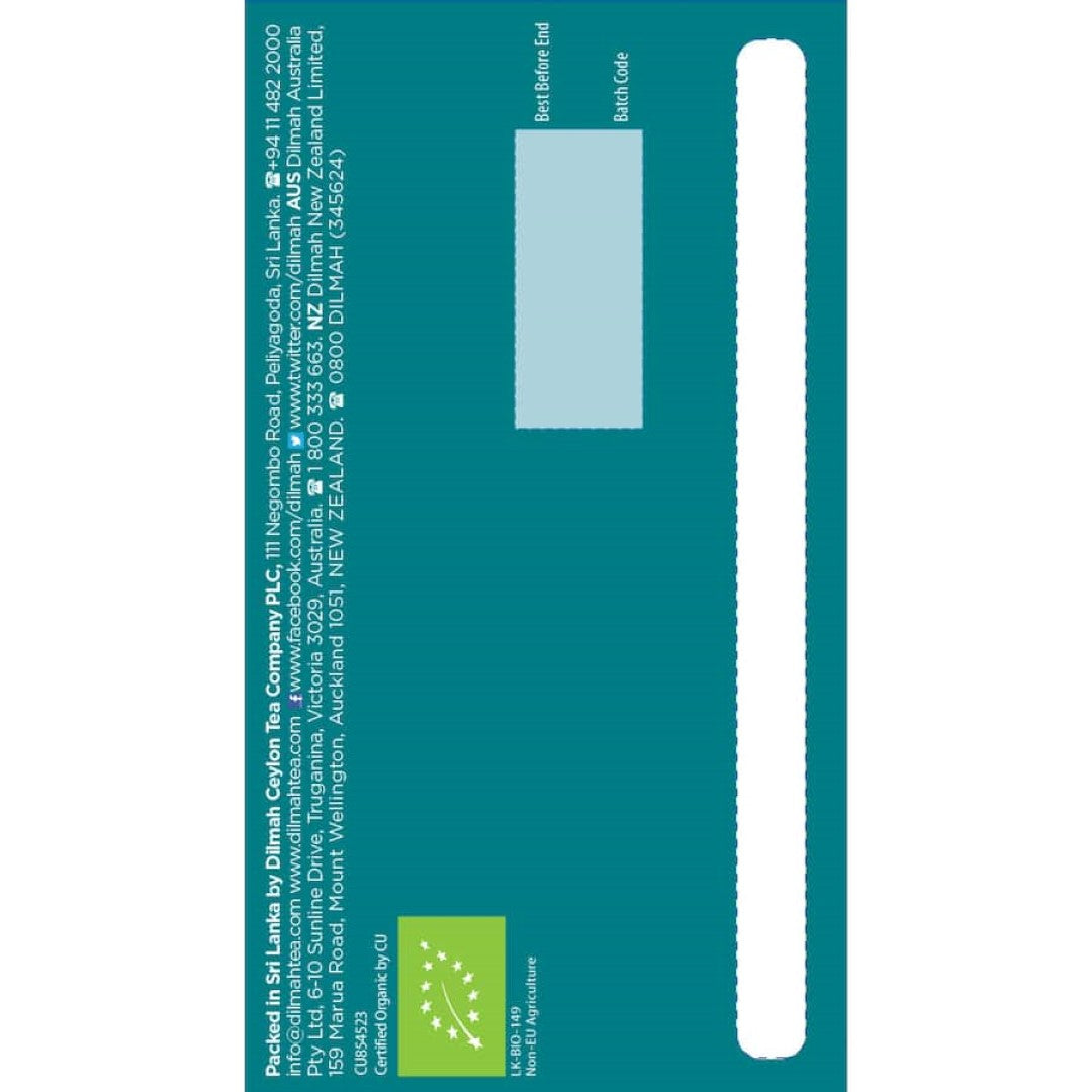 A box of 50 Dilmah Organic Black tea bags, crafted from premium, sustainably grown, pesticide-free tea leaves for rich flavor.
