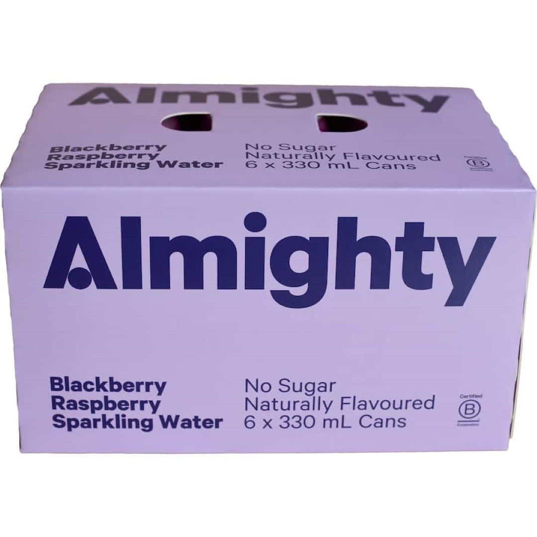 Refreshingly effervescent can of Almighty Sparkling Water Blackberry, featuring a burst of juicy blackberry flavor.
