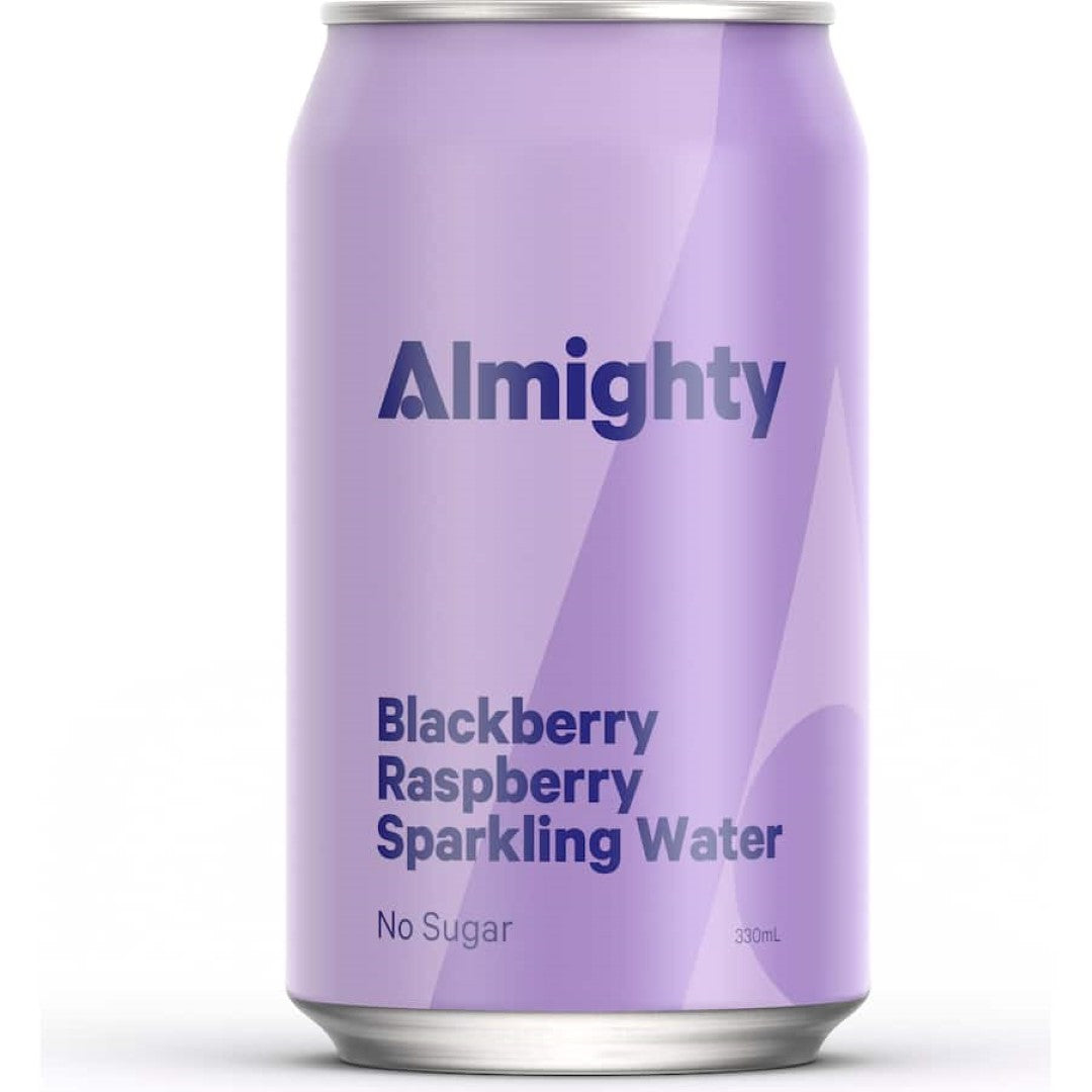 Almighty Sparkling Water Blackberry can, featuring effervescent black raspberry flavor and a healthy, calorie-free beverage option.