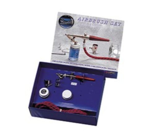 Paasche Airbrush F-Set with F#1L airbrush, metal color cup, quick color bottles, wrenches, hose, and lessons booklet for artists.