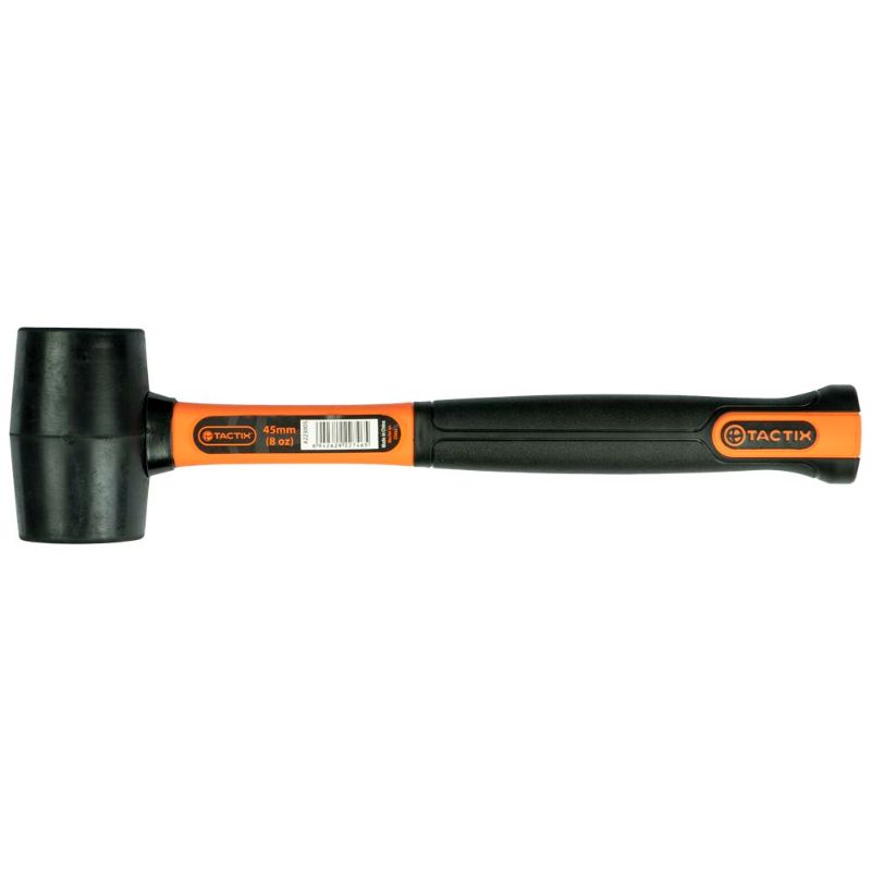Tactix 8oz rubber mallet with black fiberglass handle, ideal for woodworking and DIY, features non-slip design for comfort and control.
