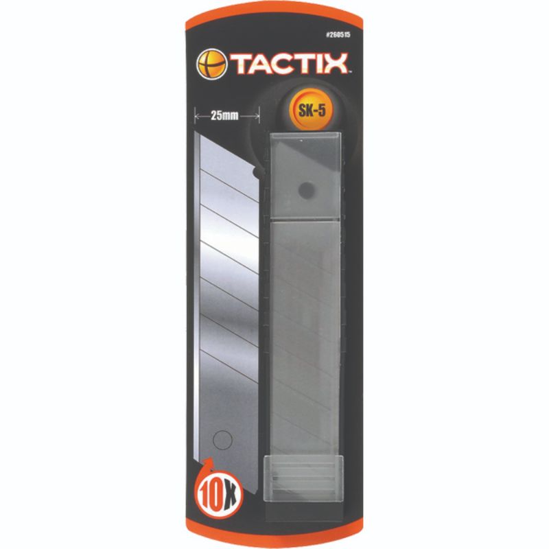 Tactix 10-pack snap-off knife blades, 25mm, SK5, durable with dispenser for efficient, precise cutting in crafts and utility tasks.