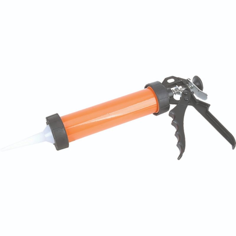 Heavy-duty Tactix 225mm caulking gun in aluminum, suitable for sausages and cartridges, includes a replacement nozzle.