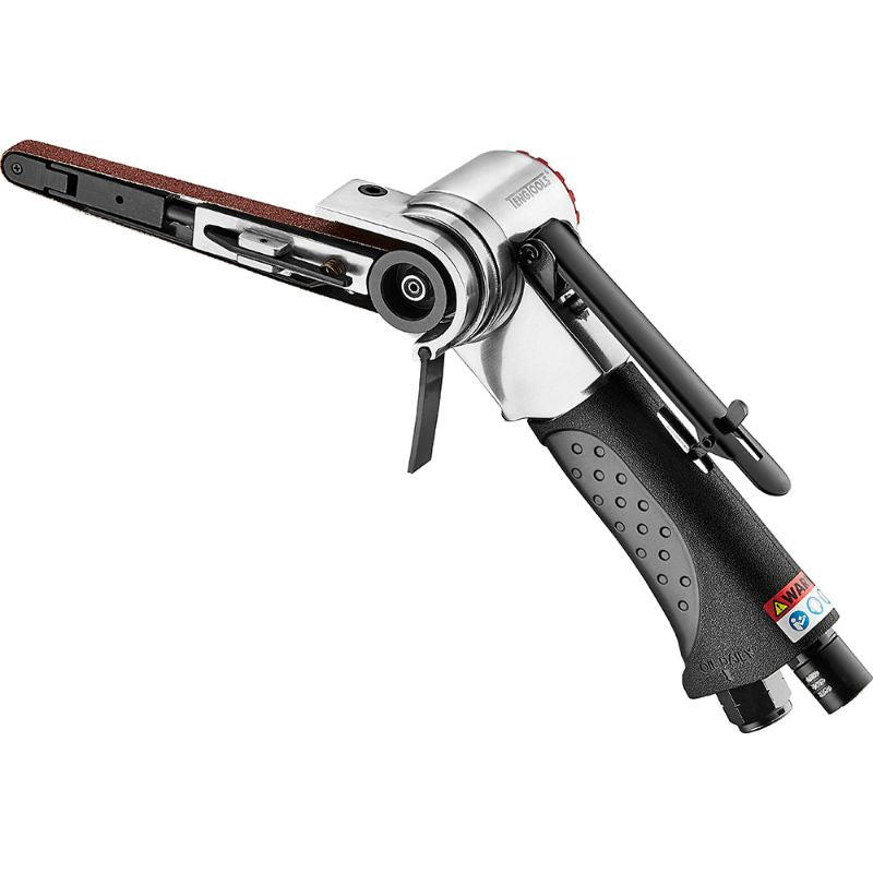 Teng Air Belt Sander with 360° adjustable arm, ideal for wood, metal, and plastic; includes safety throttle and multiple belts.
