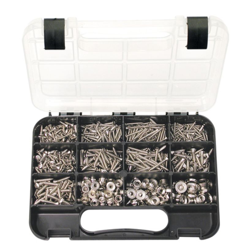 Comprehensive 810-piece self-tapping screw kit with raised heads, available in various sizes for DIY and professional use.