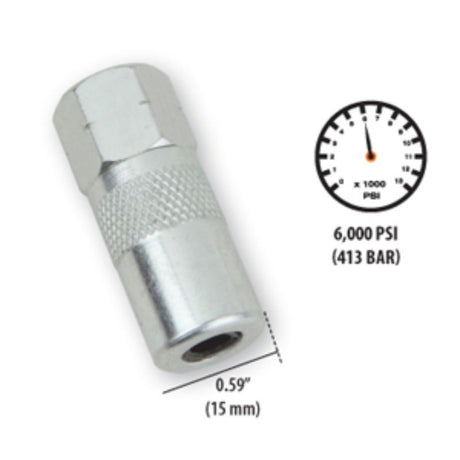 Groz 15.0mm hydraulic coupler with 4-jaw design, max 6000 PSI, built for secure connections and high-pressure applications.