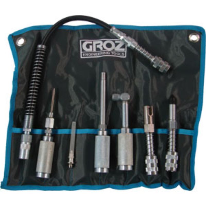 Groz 7Pc Ezee Lube Kit with quick connect accessories for effective lubrication in tight spaces and hard-to-reach areas.