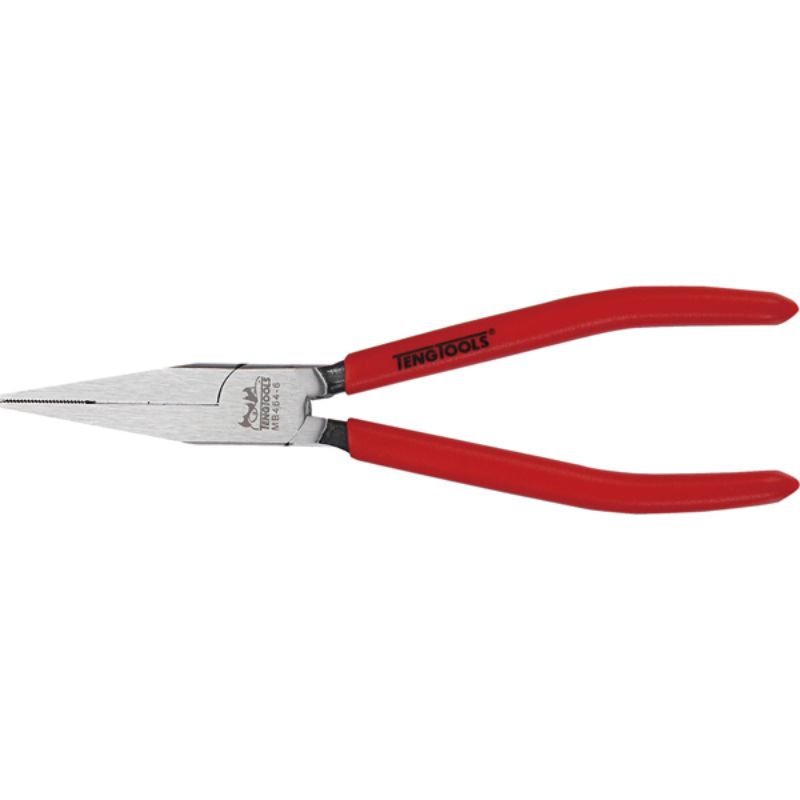 Long nose plier with polished chrome molybdenum steel, serrated grip, and rubber dipped handles, 165mm length.