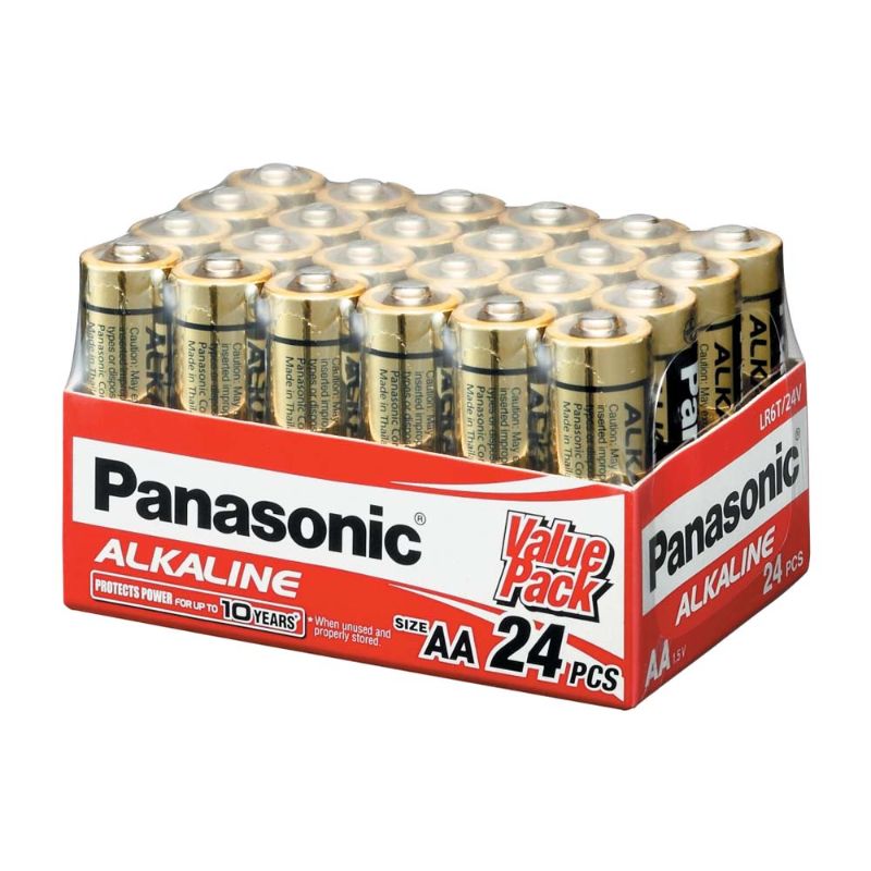 Panasonic AA Alkaline batteries 24pk, long-lasting 1.5V power for devices like cameras, toys, and remotes, eco-friendly, no mercury.