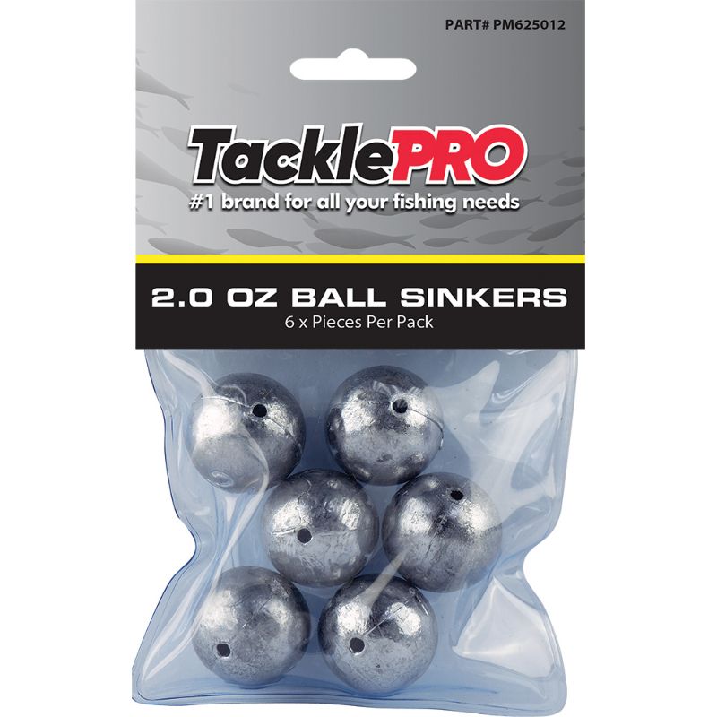 Set of 6 TacklePro 2.0oz ball sinkers designed for stability and precision in fishing, ensuring optimal casting and reduced drag.