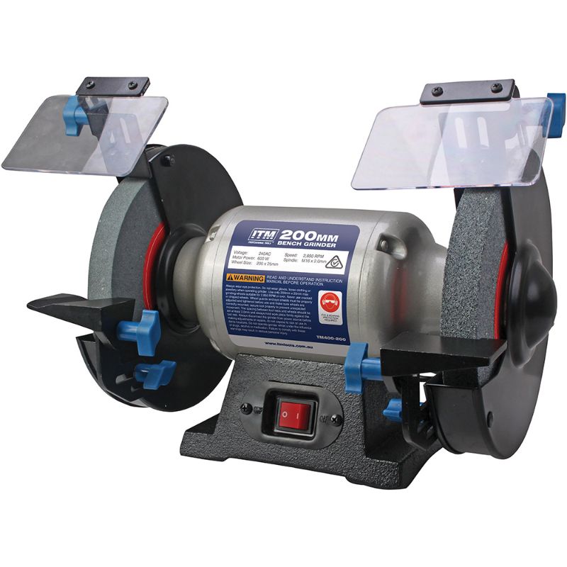 Heavy-duty 8in multitool bench grinder with 750W motor, cast iron body, safety features, and 3-year warranty for versatile use.
