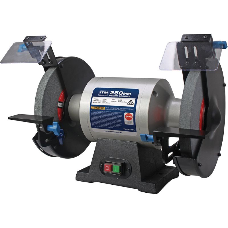 ITM Bench Grinder 10in with 900W motor, 250mm wheels for sharpening; durable cast iron body and safety eye shields.