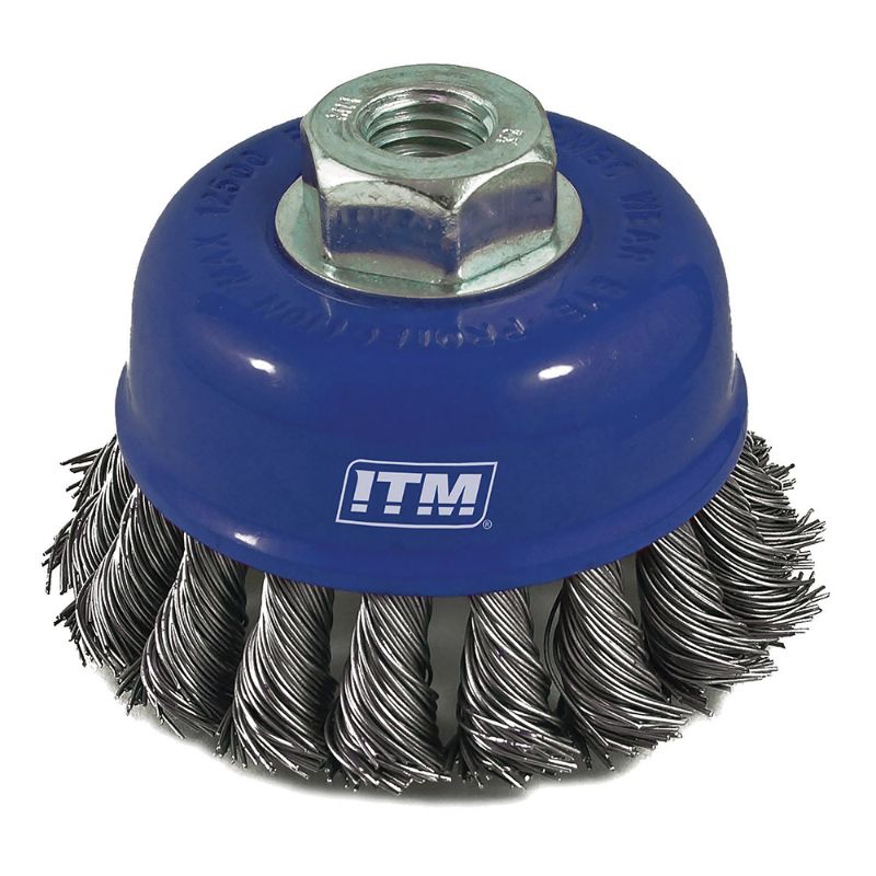 Durable 65mm steel wire cup brush designed for rust removal and surface finishing, compatible with various angle grinders.