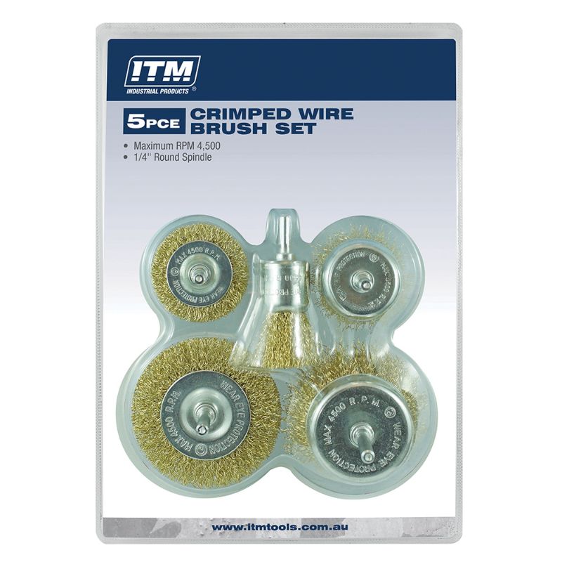 ITM 5 Piece Crimp Wire Brush Kit with 50mm and 75mm cup/wheel brushes for effective rust removal and surface cleaning.