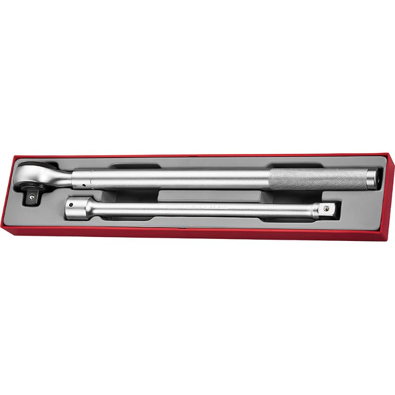 Extendable ratchet set with 72 teeth, adjustable from 545mm to 860mm, includes a 16" extension for hard-to-reach bolts.