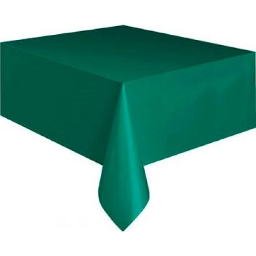 Large dark green plastic table covers, 54" x 108", ideal for parties and everyday use, easy cleanup, fits banquet tables.