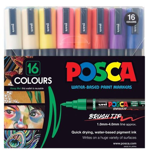 Uni Posca Marker 1-4mm Medium Brush Tip 16 Pack Assorted PC-5BR