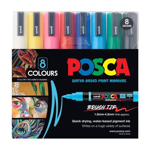 Uni Posca Marker 1-4mm Medium Brush Tip 8 Pack Assorted PC-5BR