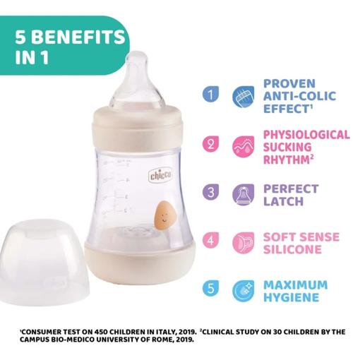 CHICCO BOTTLE: PERFECT5 SIL 150ML 0M+ SLOW NATL