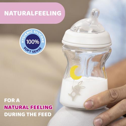 CHICCO BOTTLE GLASS: NATURAL FEELING 250ML SLOW FLOW