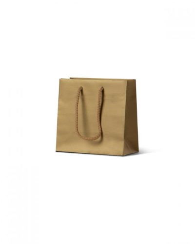 Gold matte laminated paper bags with rope handles, ideal for small gifts like fragrances, candles, and trinkets; pack of 50.