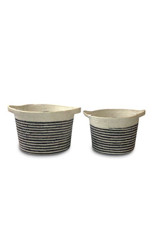 Set of 2 eco-friendly round jute planters in white with black stripes, perfect for indoor plants and stylish home decor.