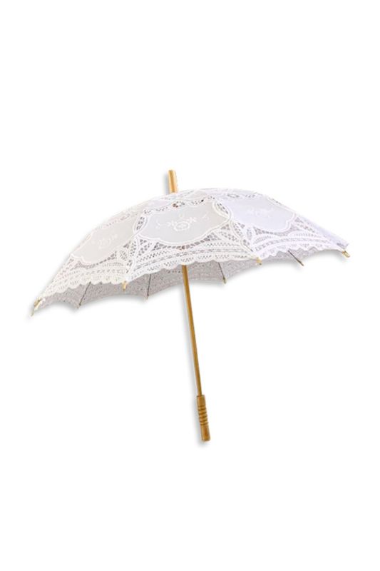 Elegant white lace wedding parasol with a bamboo handle, perfect for brides and vintage-themed ceremonies, measuring 65cm.