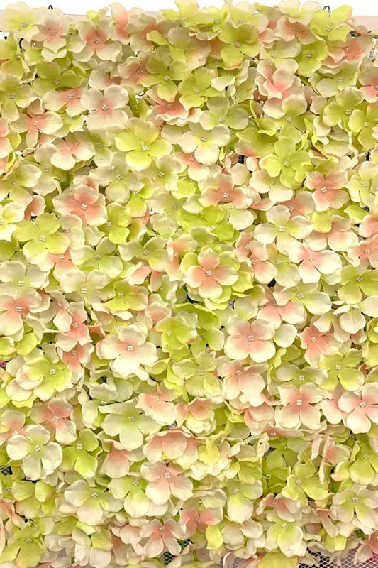 Lush pink and green hydrangea wall panel, ideal for floral displays and backdrops, measuring 40cmH x 60cmD.