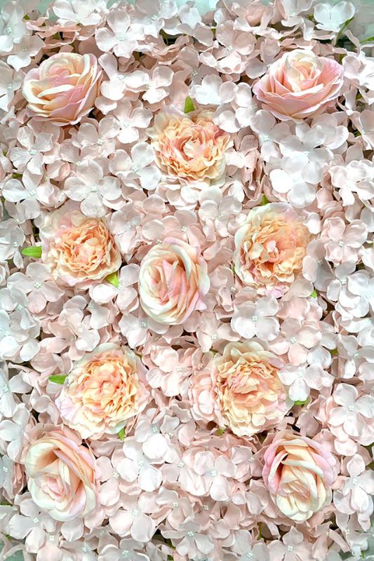 Peach hydrangea and rose flower wall panel for enchanting backdrops, perfect for events or home decor. Size: 40cmH x 60cmD.