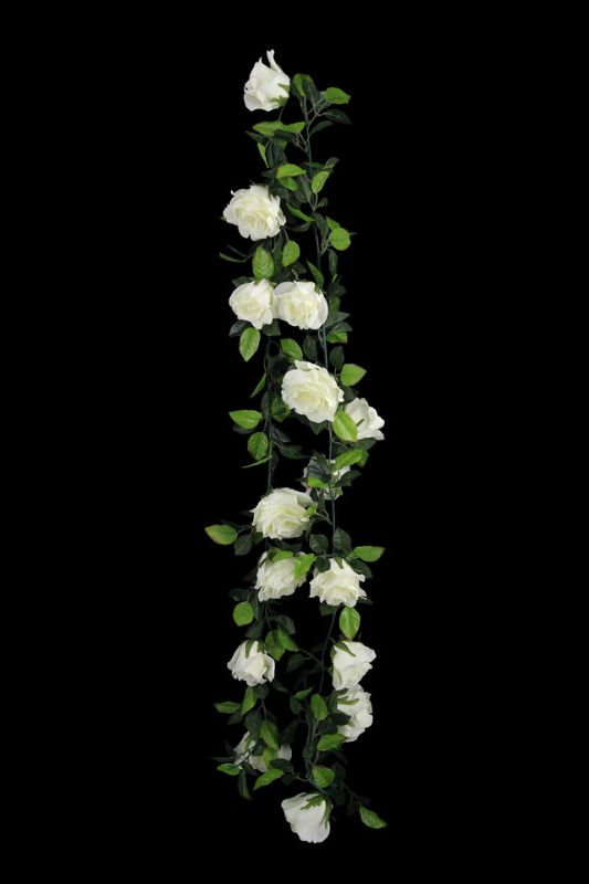 Set of 5 white artificial rose garlands with 16 roses and 40 leaves each, perfect for elegant home or event decor.