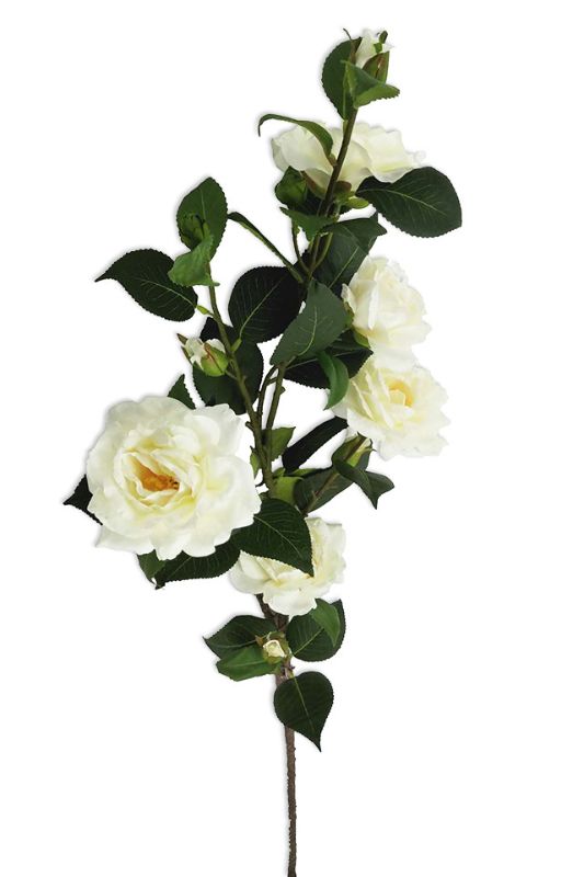 Lifelike white artificial camellia spray with 5 large heads, 5 small heads, and textured stem, measuring 106cm.