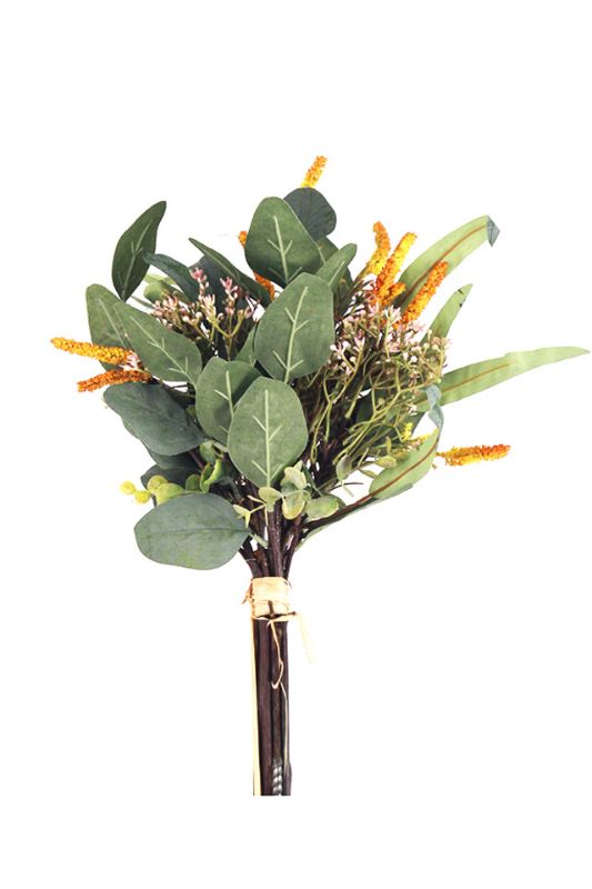 Artificial eucalyptus bouquet in cranberry, set of 2 with 9 stems each, perfect for enhancing home decor with vibrant color.