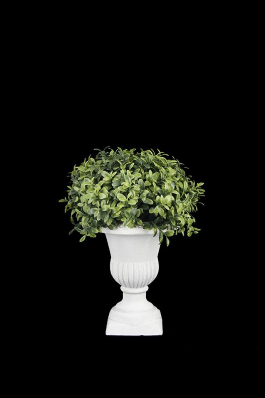 Small white urn with lifelike greenery, perfect for weddings and home decor accents, measuring 21D × 30cmH.