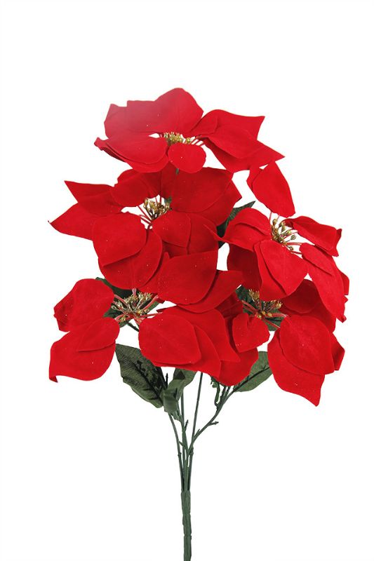 Artificial 5 Head Poinsettia Spray w Glitter Stamen - Red - Set of 10