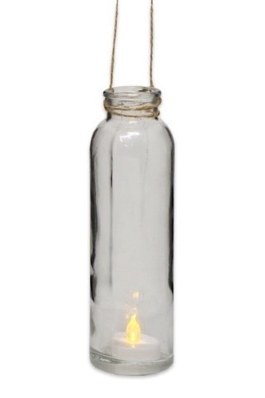 Set of 12 clear glass hanging vases with LED T-Lights, creating a warm ambiance for elegant floral displays.