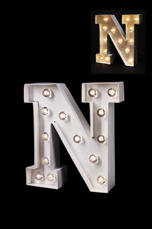 Gloss Card LED Letter 'N' in warm white, 205mm tall, for stylish home decor, requires 2 AAA batteries.