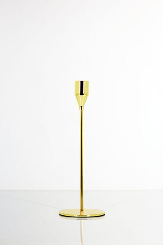 Set of 5 elegant gold candle sticks, slender design, perfect for home decor and special events, measuring 8D x 23cmH.