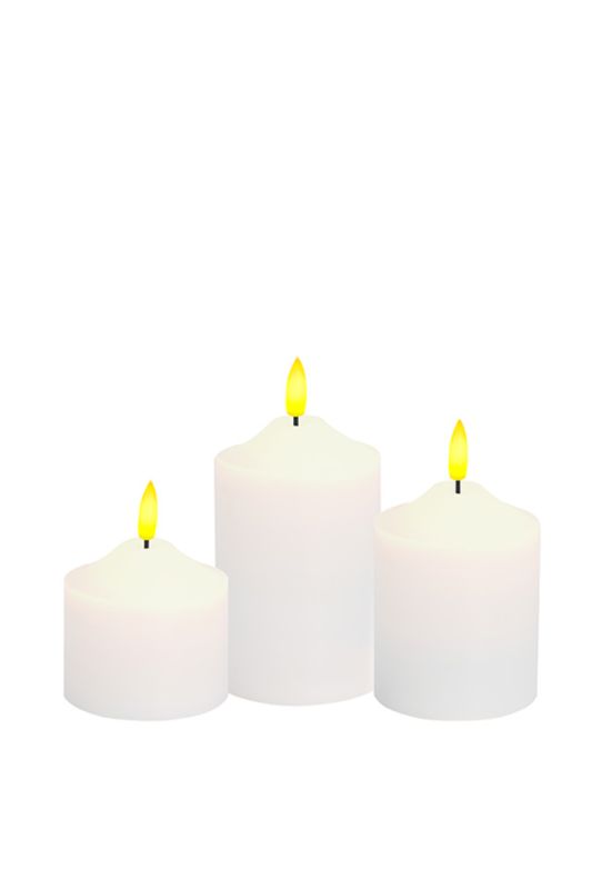 New Full Flame LED Wax Pillar Candle - Set of 3 - White