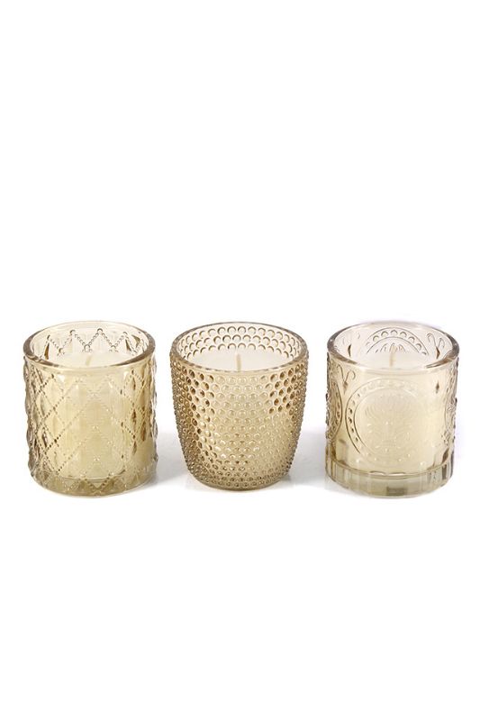 Assorted Pattern Moulded Glass Candle - Old Gold - Set of 6