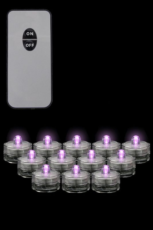 Set of 12 light pink submersible LED tealights with remote, perfect for weddings and events, creating a romantic ambiance.