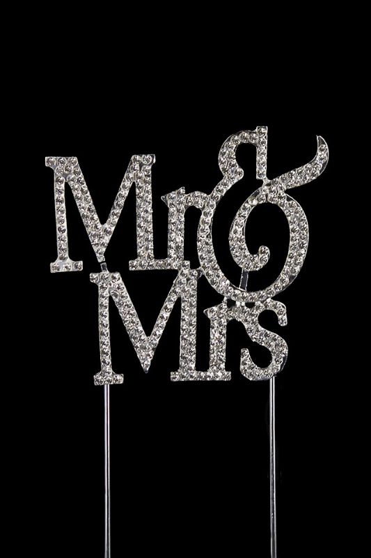 Silver 'Mr & Mrs' cake topper with diamante accents, elevating weddings with elegance and glamour.