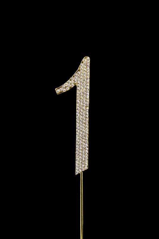Gold diamante cake number 1 topper, 112mm tall, perfect for milestone birthdays and elegant table decor.