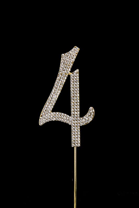 Gold Diamante Cake Number 4 topper, perfect for milestone birthdays, featuring sparkling diamantes and a sturdy spike for easy display.