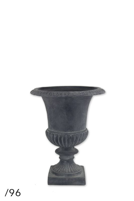 Small white wash fibreglass urn with Venetian design, perfect for flowers or as a standalone outdoor decor piece.