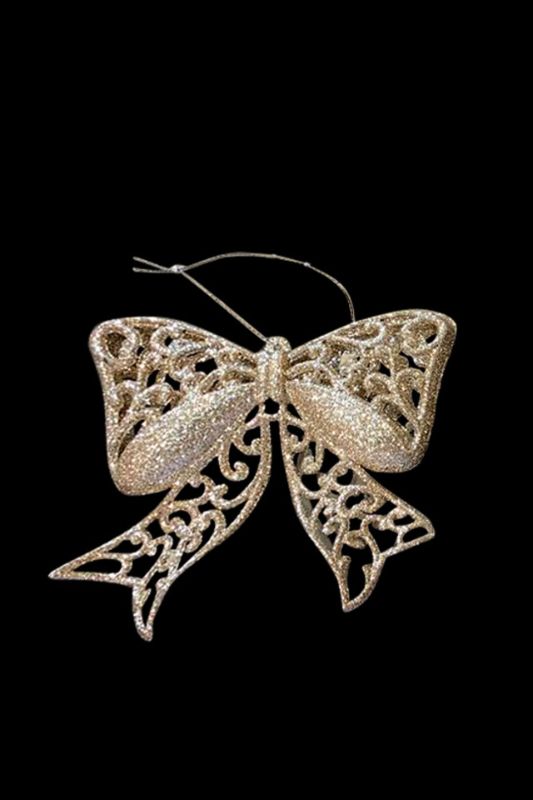 Gold glitter scroll bows set of 6, measuring 11.5x10 cm, perfect for holiday decor, gift wrapping, and centerpieces.
