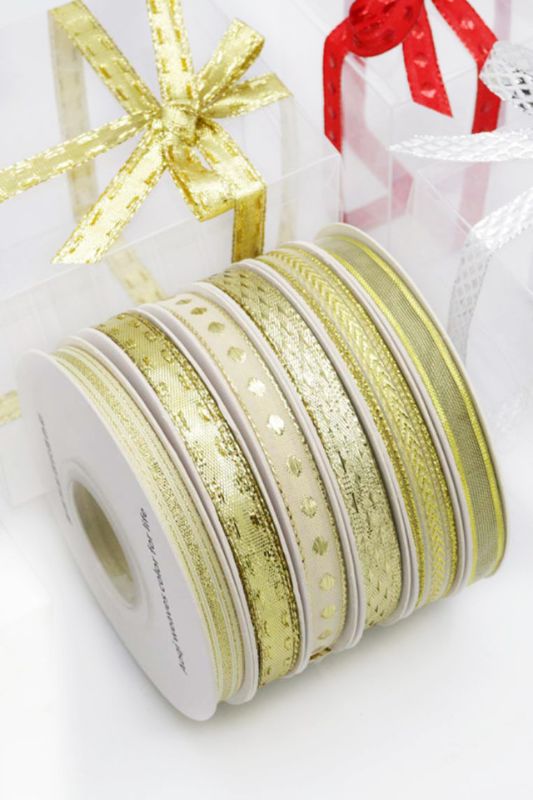 Assorted gold woven ribbon rolls in six unique patterns, perfect for crafting, gift-wrapping, and decorating.