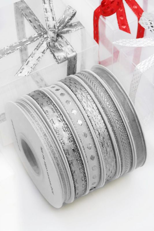 Assorted silver woven ribbon pack with 6 unique designs, perfect for crafts and gift-wrapping.
